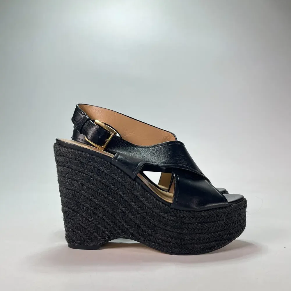Michael Kors Black Leather Espadrille Platform Wedge Sandals Women's Size 5.5M
